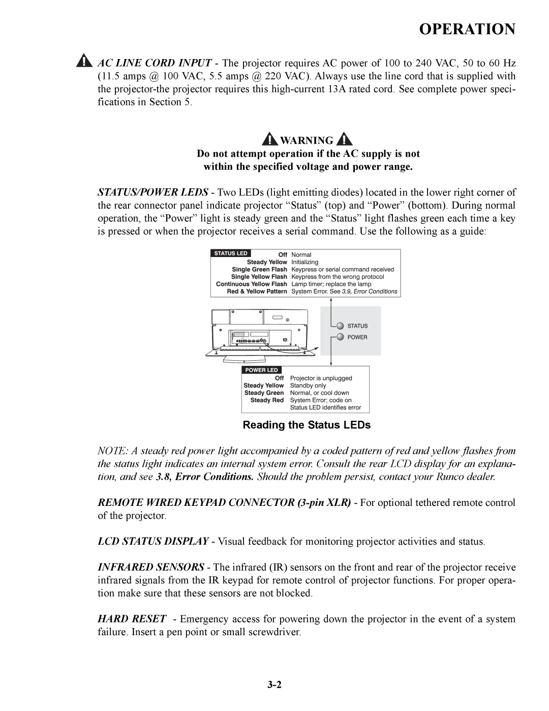 Runco VX-6C, VX-4C manual Operation, Reading the Status LEDs 