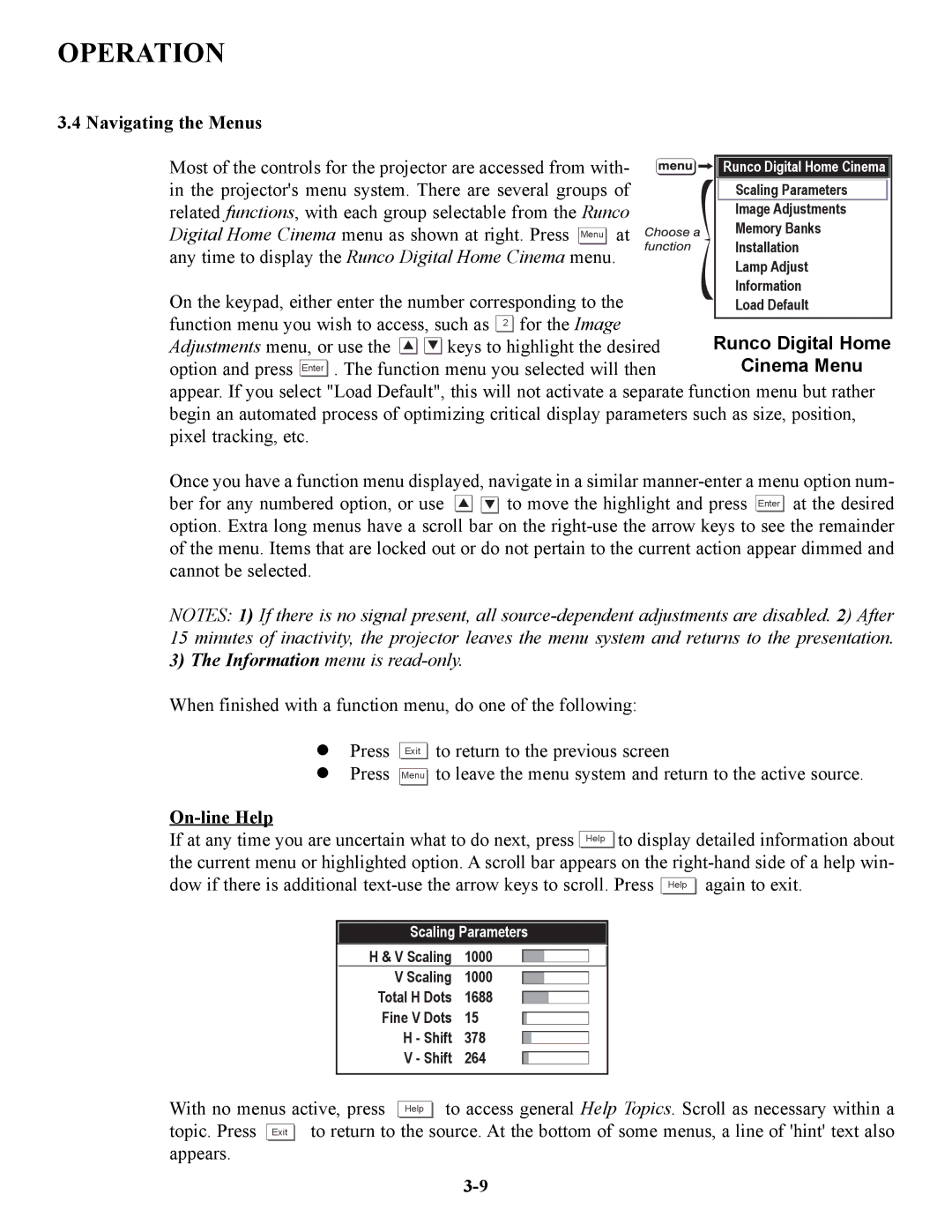 Runco VX-4C, VX-6C manual Navigating the Menus, Runco Digital Home, Cinema Menu, On-line Help 