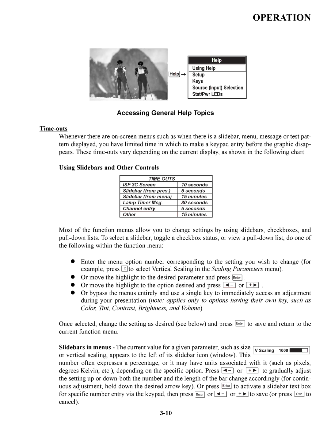 Runco VX-6C, VX-4C manual Accessing General Help Topics, Time-outs, Using Slidebars and Other Controls 