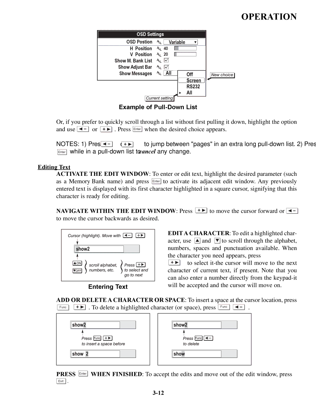 Runco VX-6C, VX-4C manual Example of Pull-Down List, Editing Text, Entering Text 