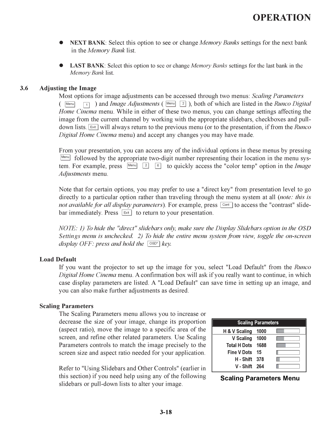 Runco VX-6C, VX-4C manual Adjusting the Image, Load Default, Scaling Parameters Menu 