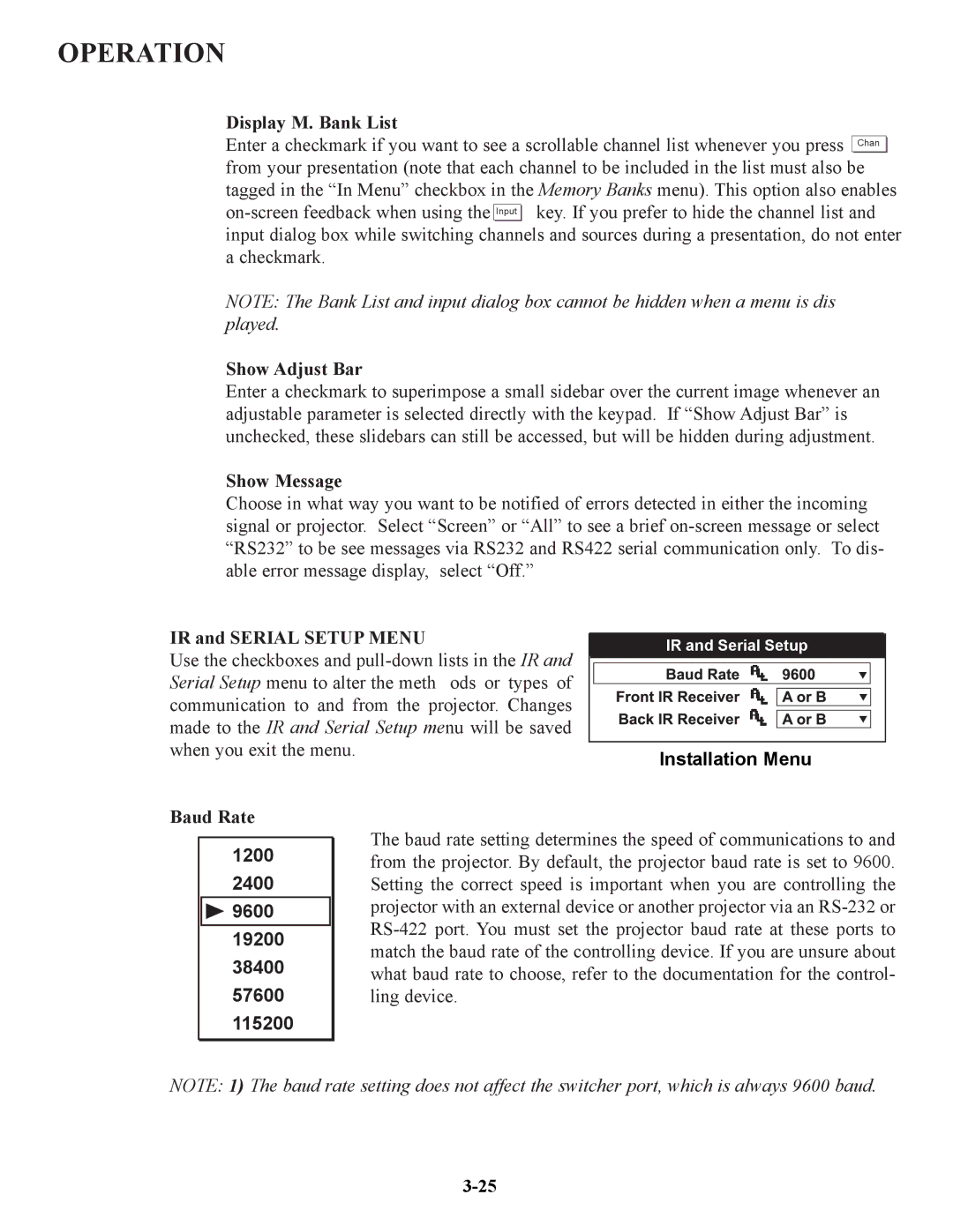 Runco VX-4C, VX-6C manual Display M. Bank List, Show Adjust Bar, Show Message, IR and Serial Setup Menu, Baud Rate 