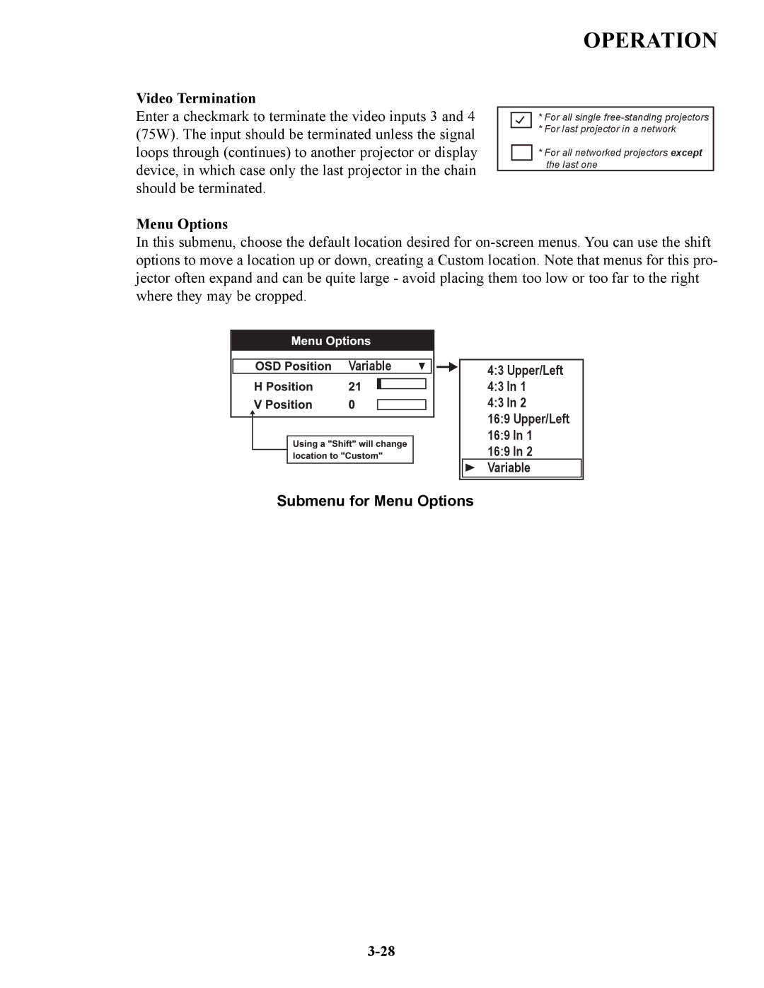 Runco VX-6C, VX-4C manual Video Termination, Submenu for Menu Options 