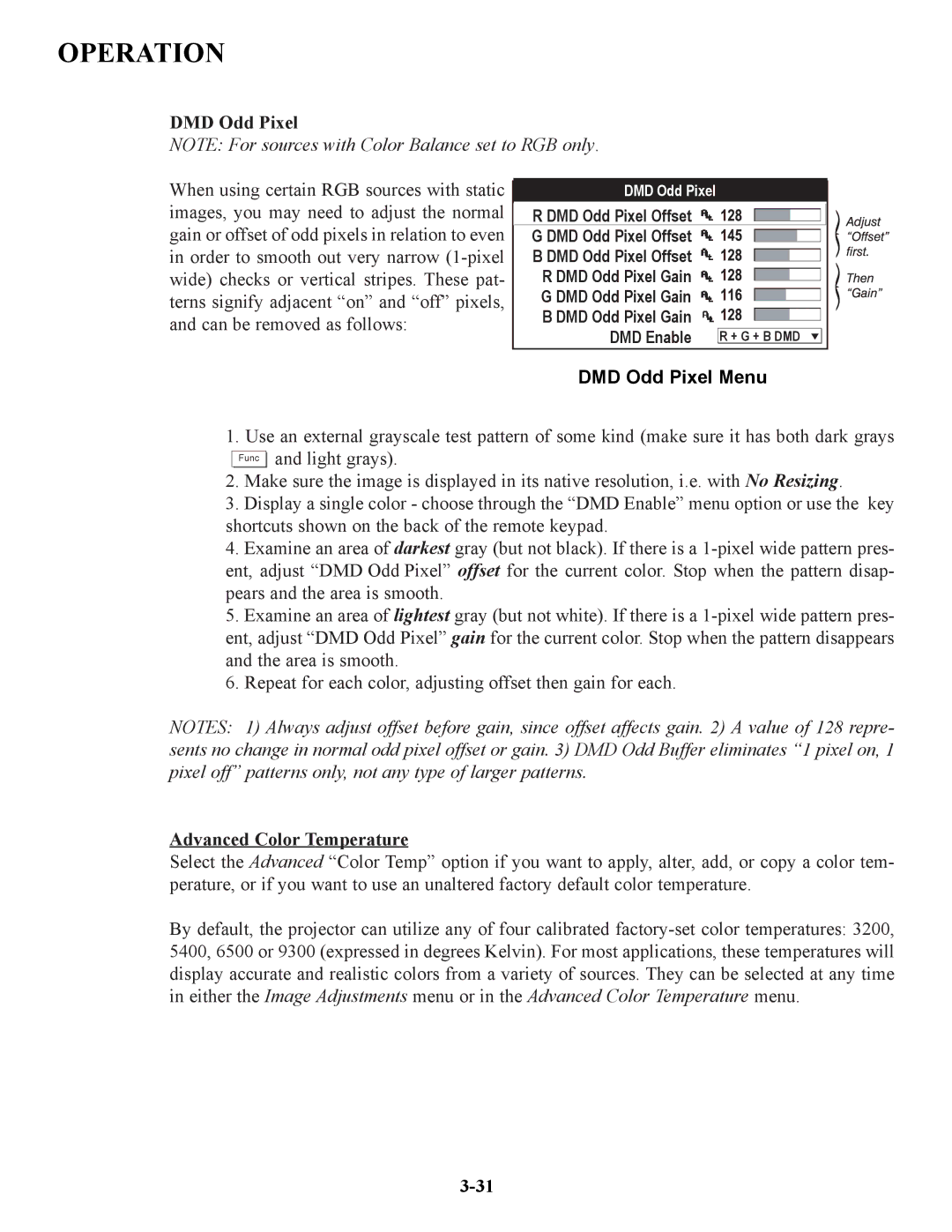 Runco VX-4C, VX-6C manual DMD Odd Pixel Menu, Advanced Color Temperature 