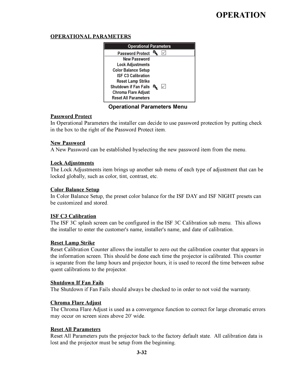 Runco VX-6C, VX-4C manual Operational Parameters Menu 