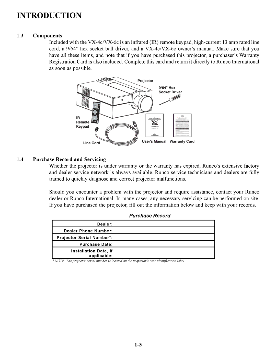 Runco VX-4C, VX-6C manual Components, Purchase Record and Servicing 