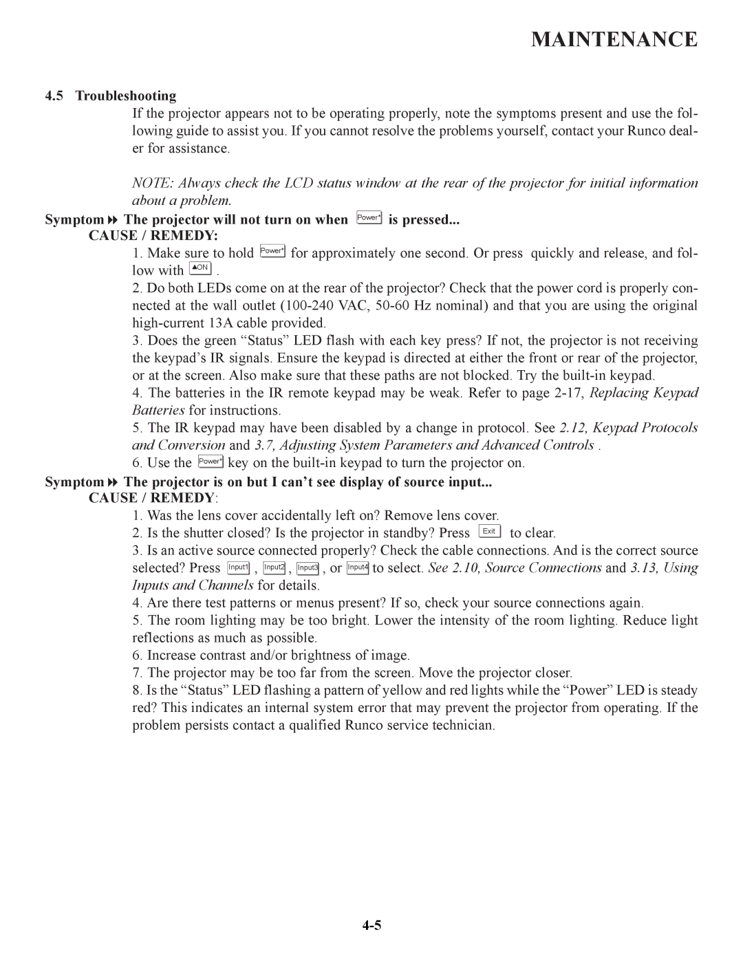 Runco VX-6C, VX-4C manual Troubleshooting, Cause / Remedy 