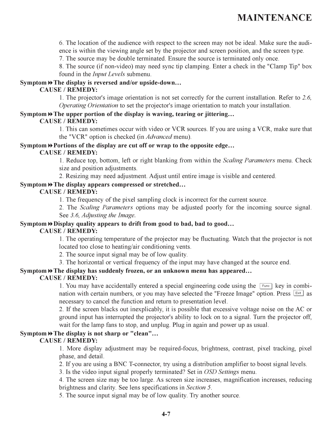 Runco VX-6C Symptom The display is reversed and/or upside-down…, Symptom The display appears compressed or stretched… 