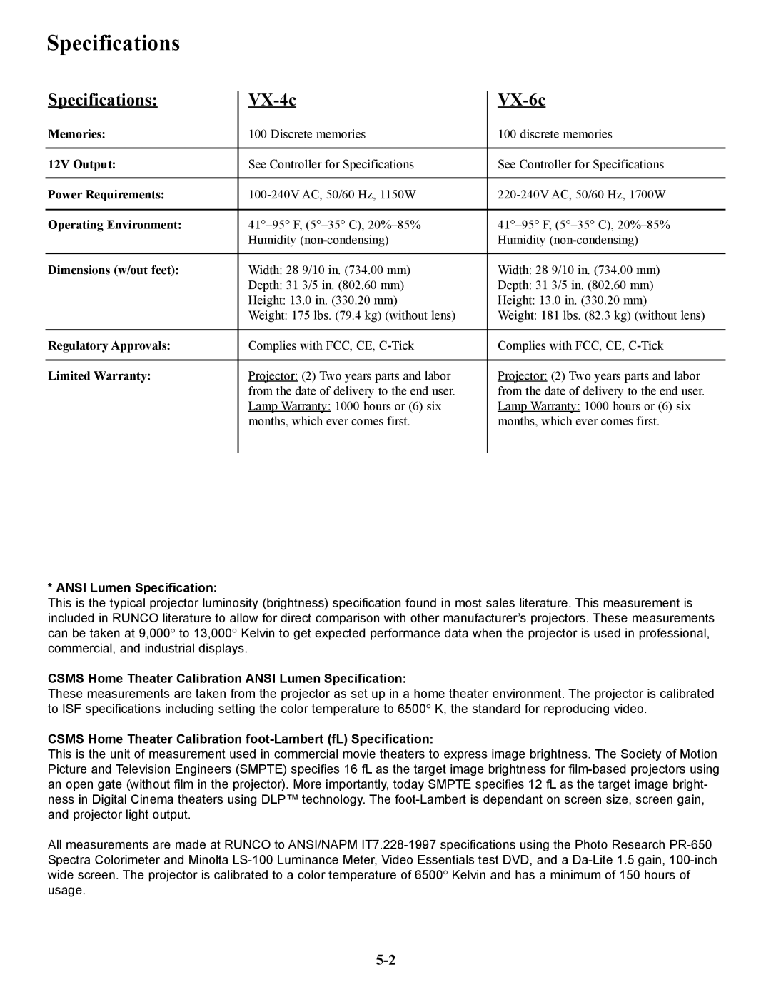 Runco VX-4C, VX-6C manual Specifications 