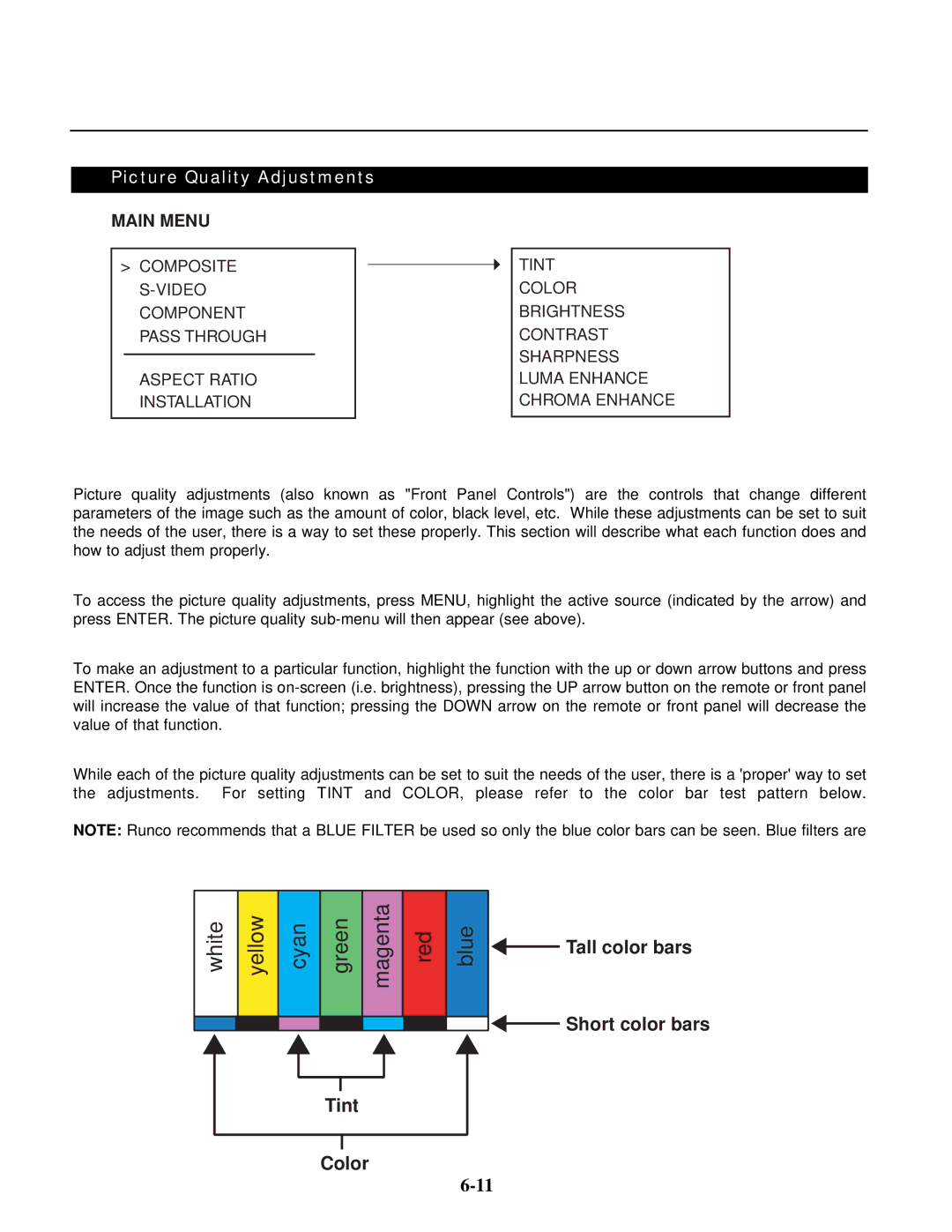 Runco VX-6C, VX-4C manual White Yellow Cyan Green Magenta Red Blue 