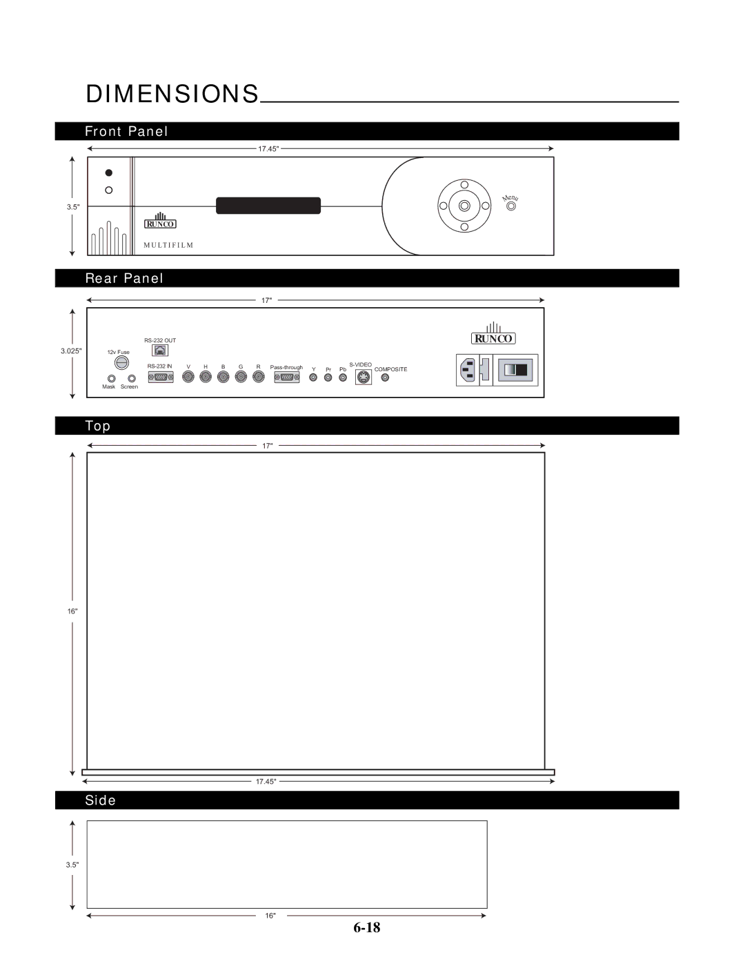 Runco VX-4C, VX-6C manual Dimensions 