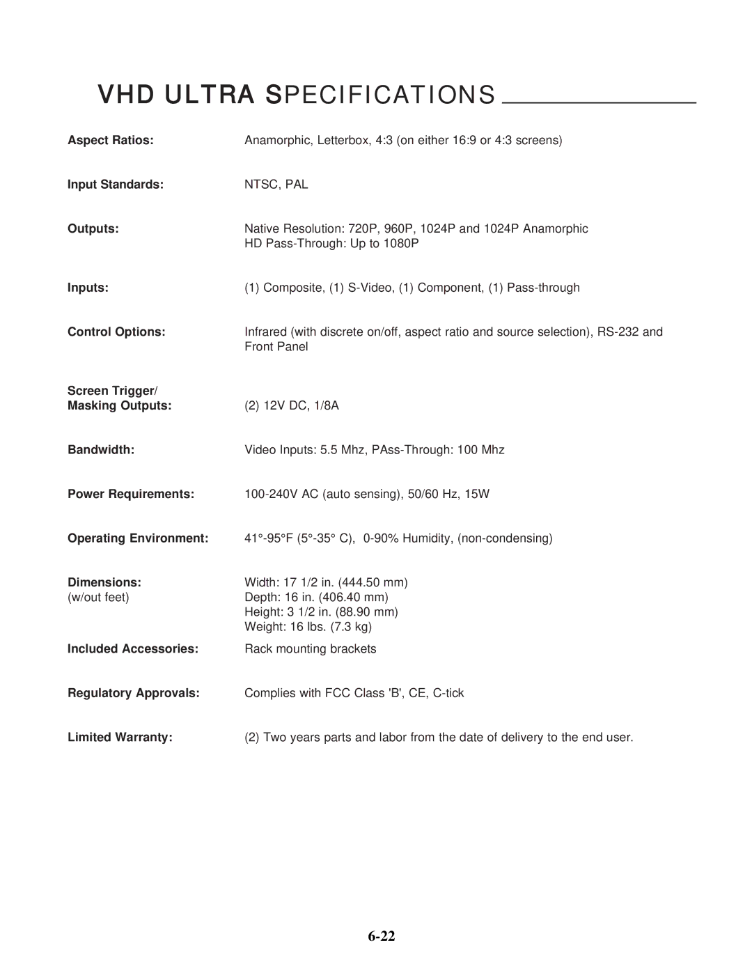 Runco VX-4C, VX-6C manual VHD Ultra Specifications 