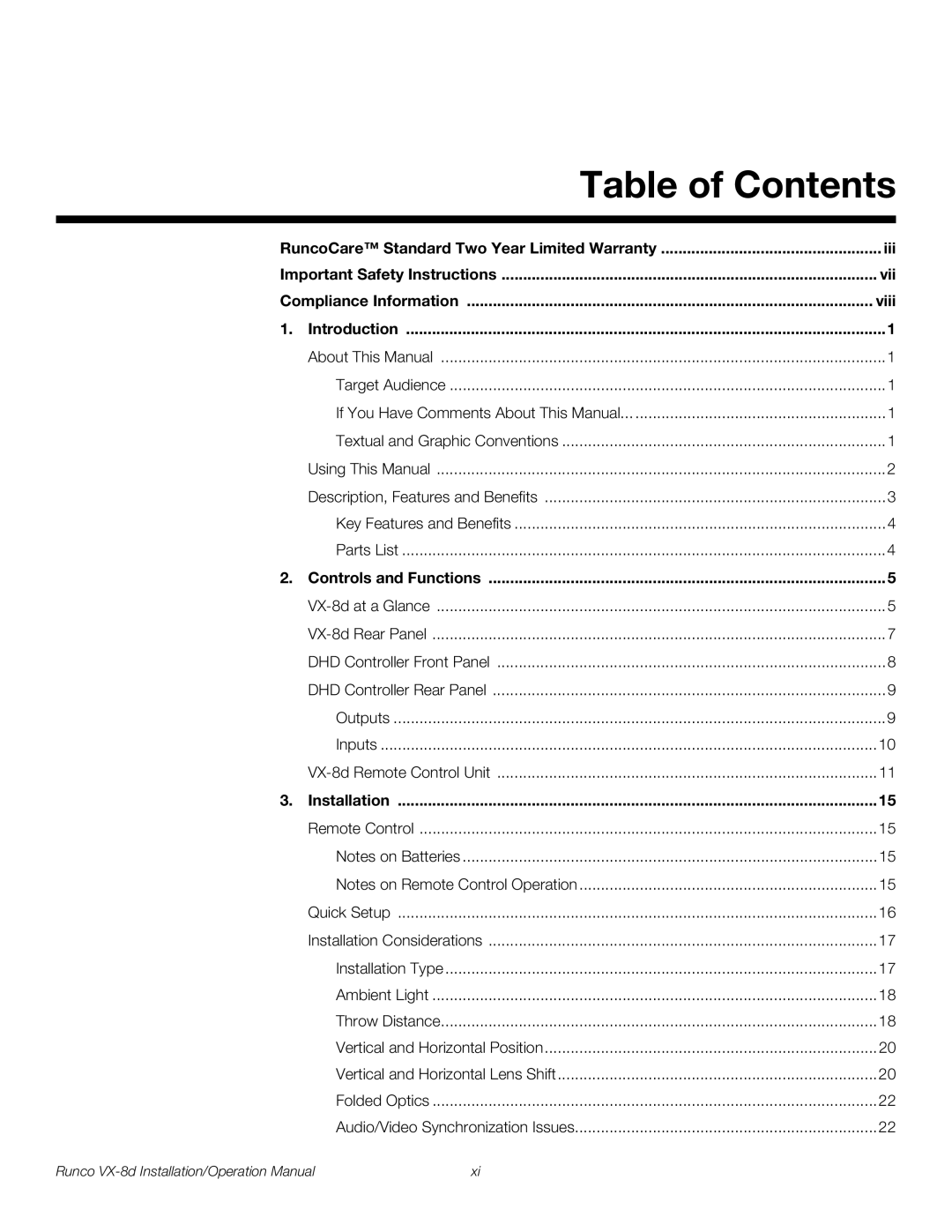 Runco VX-8D operation manual Table of Contents 