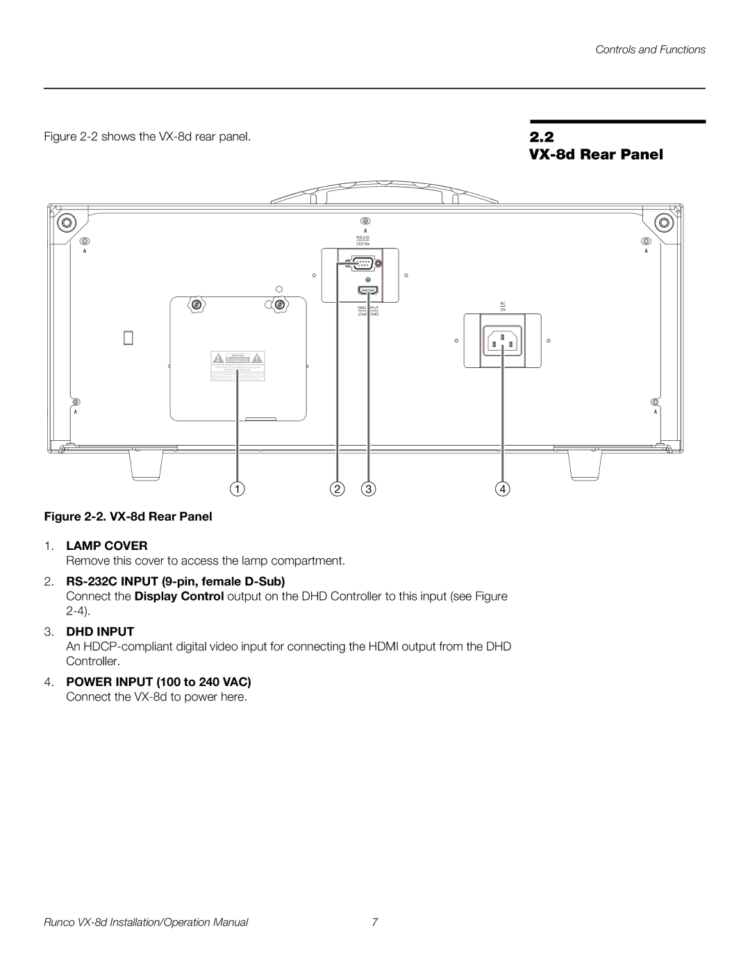 Runco VX-8D operation manual VX-8d Rear Panel, RS-232C Input 9-pin, female D-Sub 