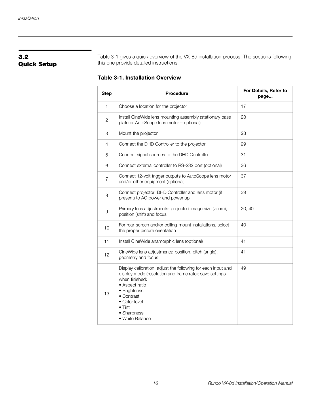 Runco VX-8D operation manual Quick Setup, Installation Overview, Step Procedure For Details, Refer to 