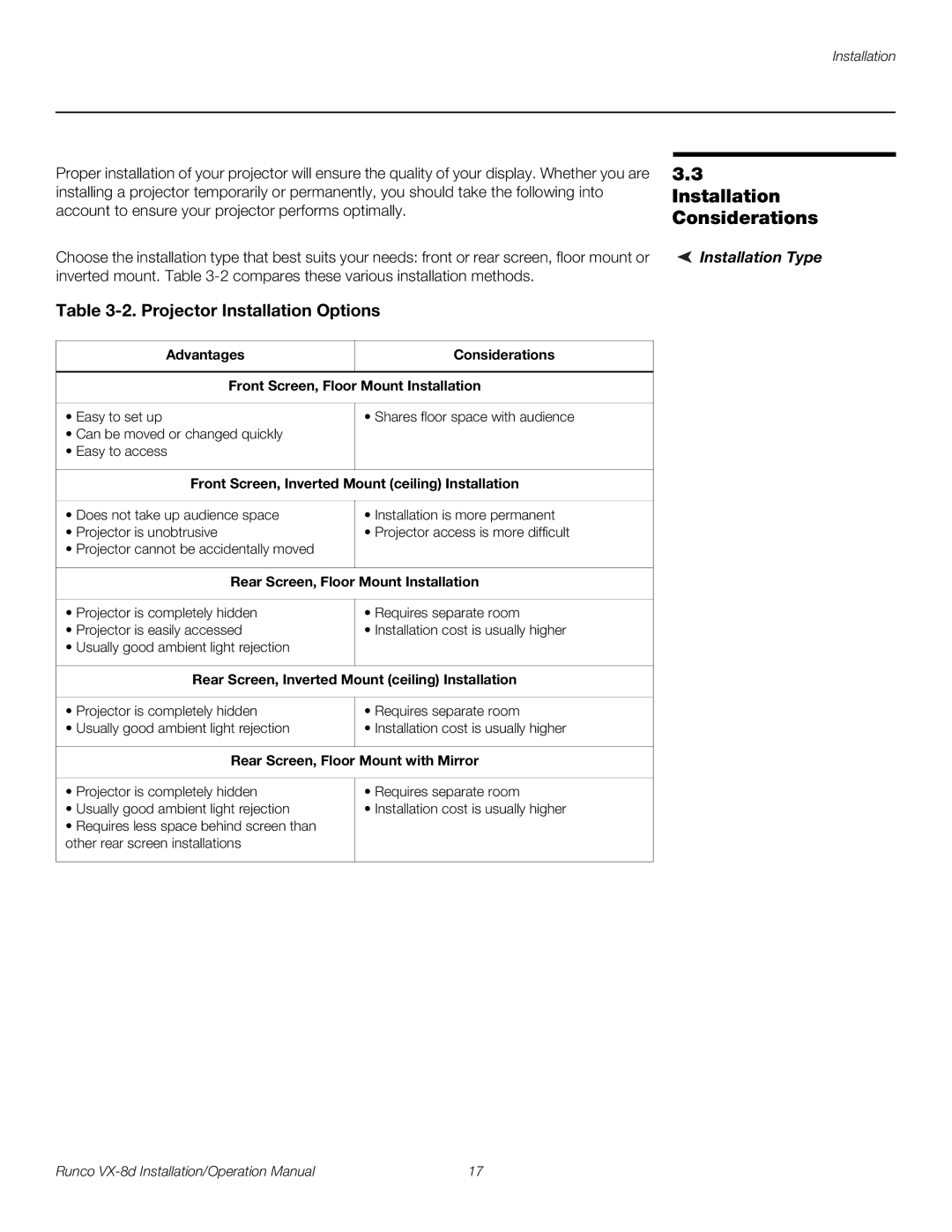 Runco VX-8D operation manual Installation Considerations, Projector Installation Options, Installation Type 