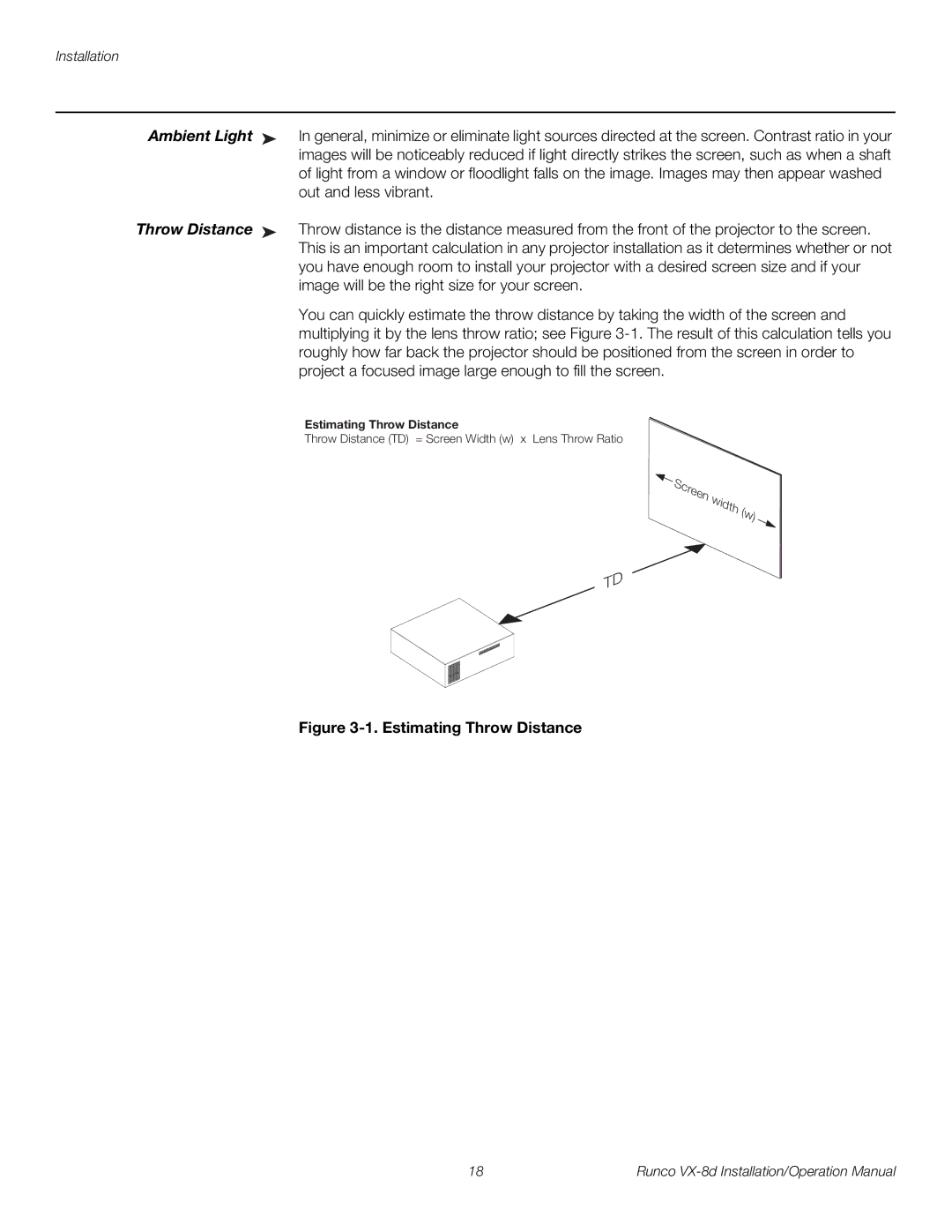 Runco VX-8D operation manual Ambient Light, Throw Distance 