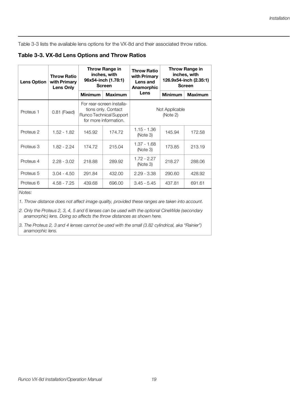 Runco VX-8D operation manual VX-8d Lens Options and Throw Ratios, Throw Range Throw Ratio Inches, with 