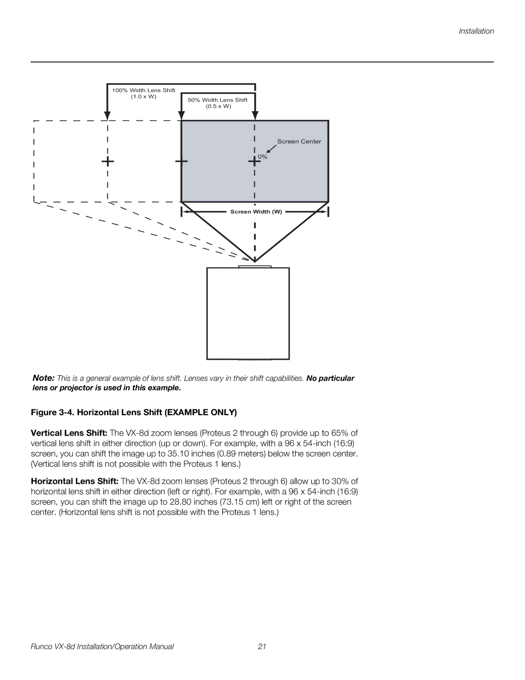 Runco VX-8D operation manual Horizontal Lens Shift Example only 