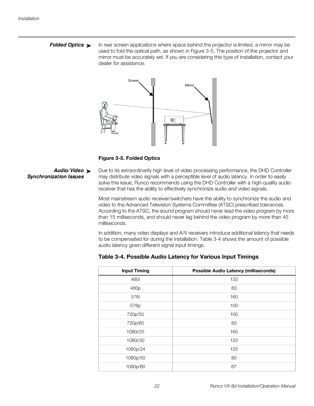 Runco VX-8D operation manual Possible Audio Latency for Various Input Timings, Audio/Video, Synchronization Issues 