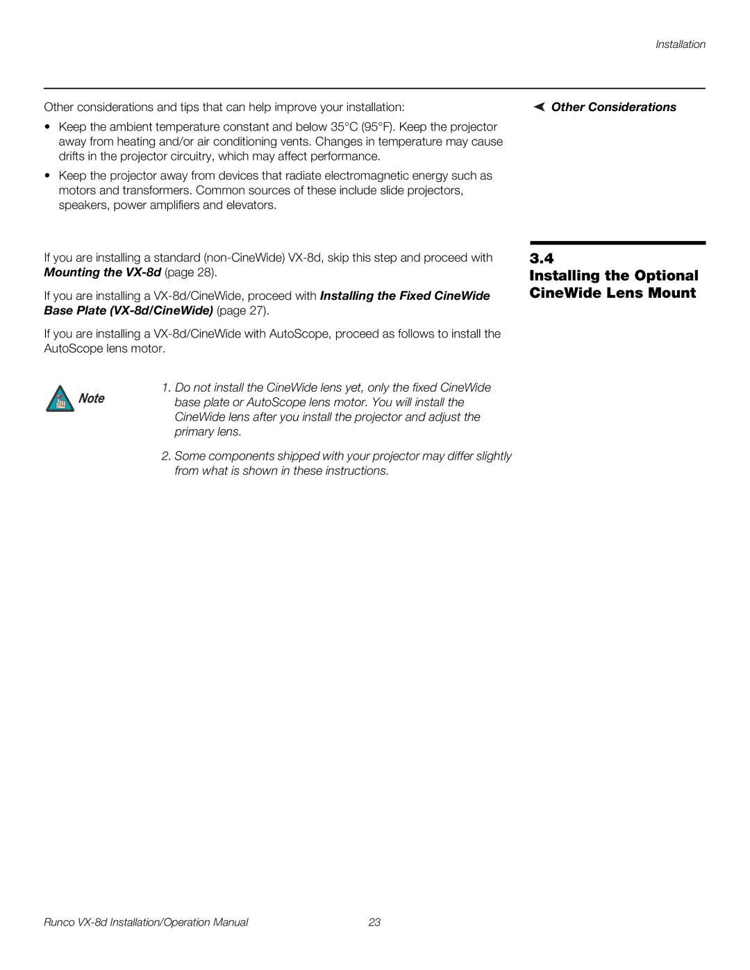 Runco VX-8D operation manual Installing the Optional CineWide Lens Mount, Other Considerations 