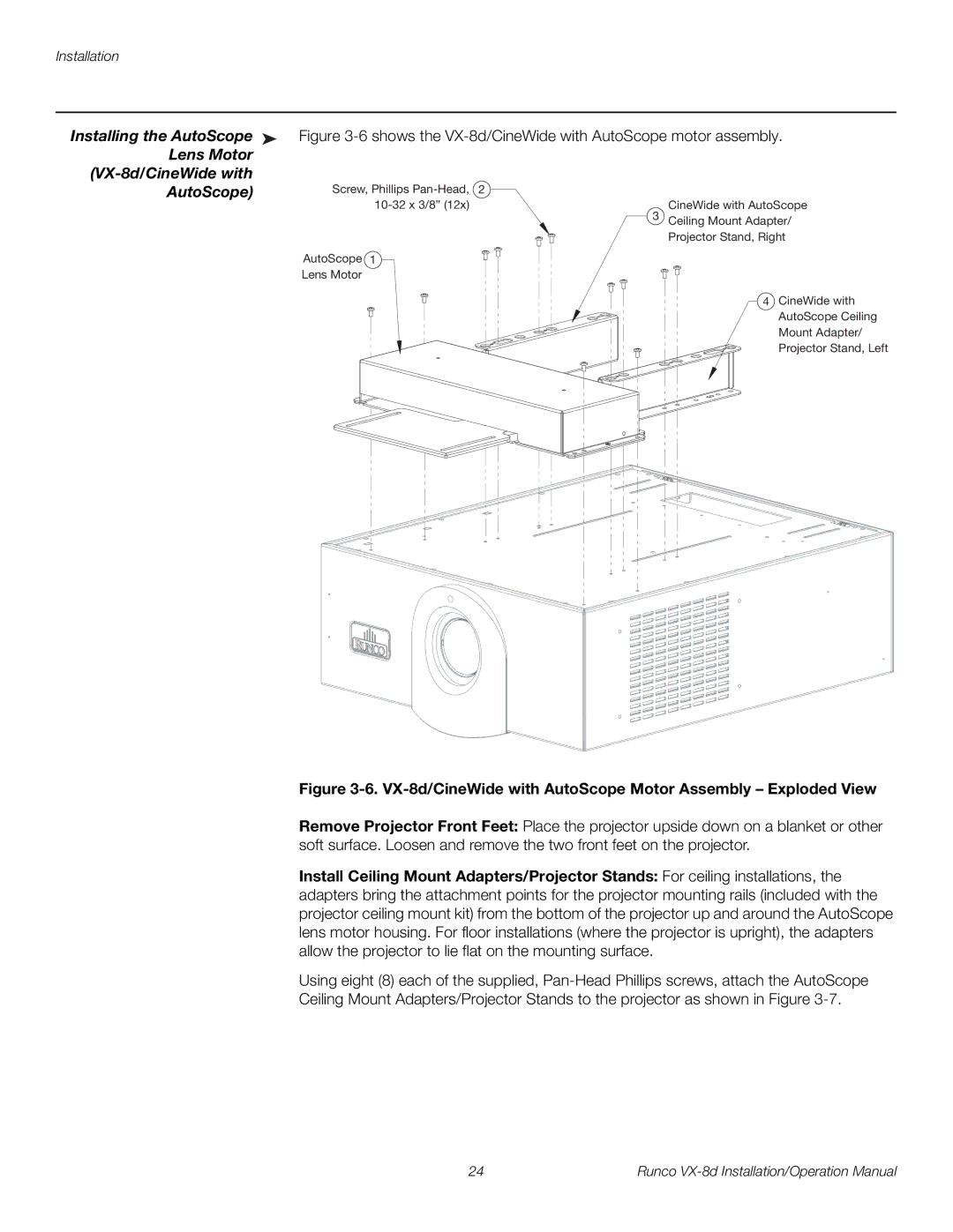 Runco VX-8D operation manual Installing the AutoScope, Lens Motor VX-8d/CineWide with AutoScope 