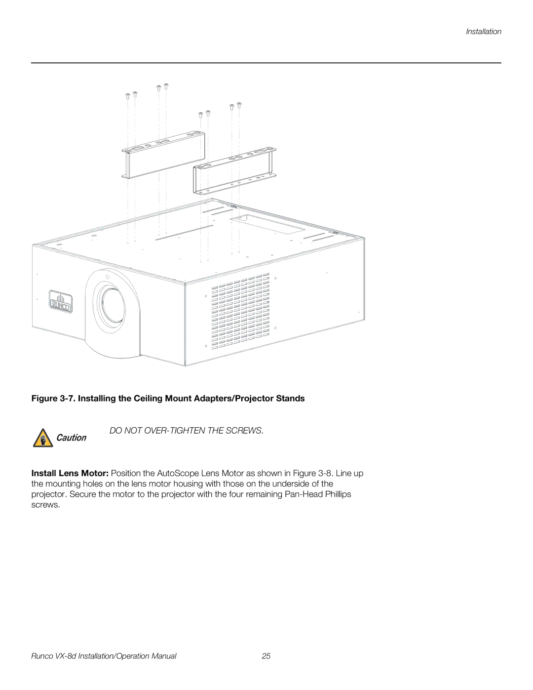 Runco VX-8D operation manual Installing the Ceiling Mount Adapters/Projector Stands 