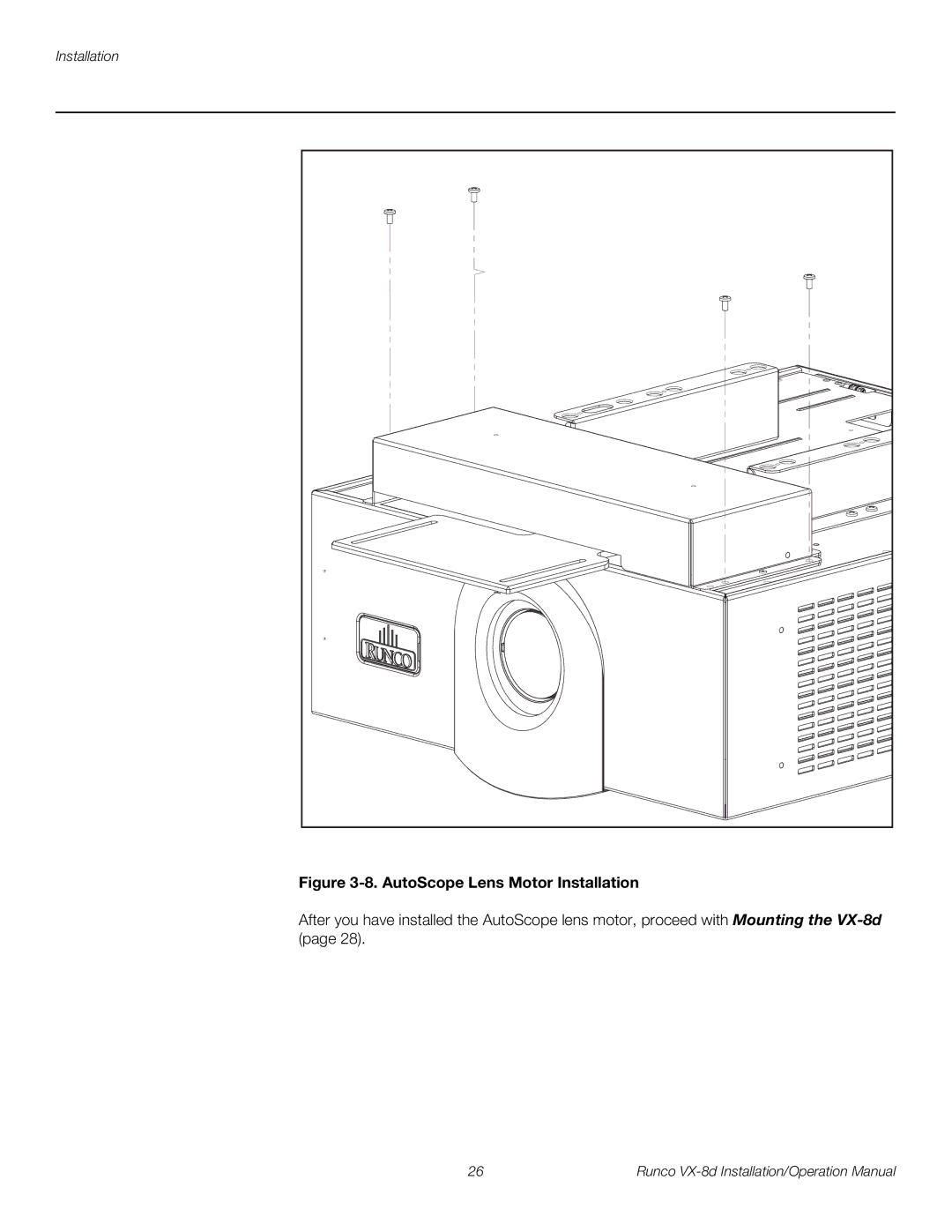 Runco VX-8D operation manual AutoScope Lens Motor Installation 