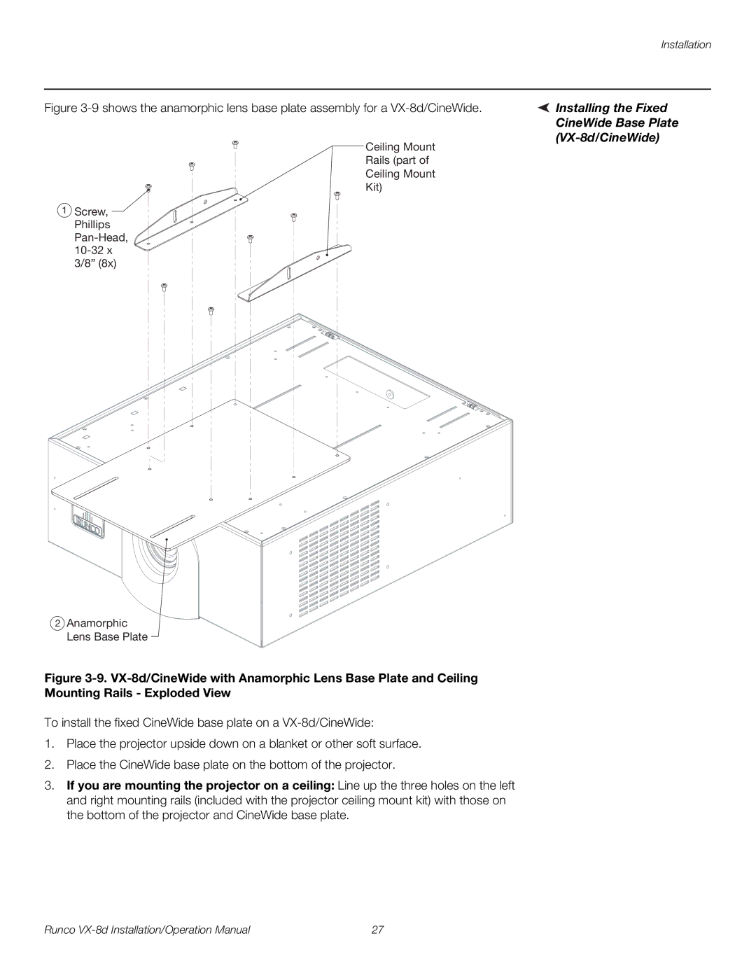 Runco VX-8D operation manual Installing the Fixed CineWide Base Plate VX-8d/CineWide 