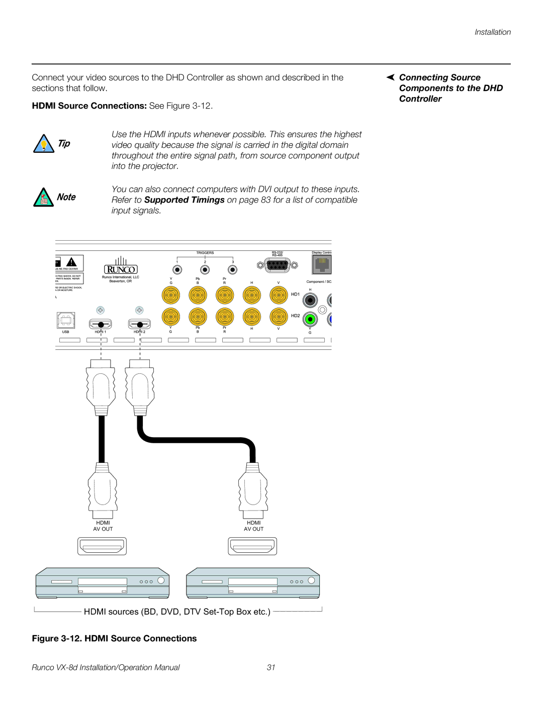 Runco VX-8D operation manual Connecting Source, Components to the DHD, Hdmi Source Connections See Figure, Controller 