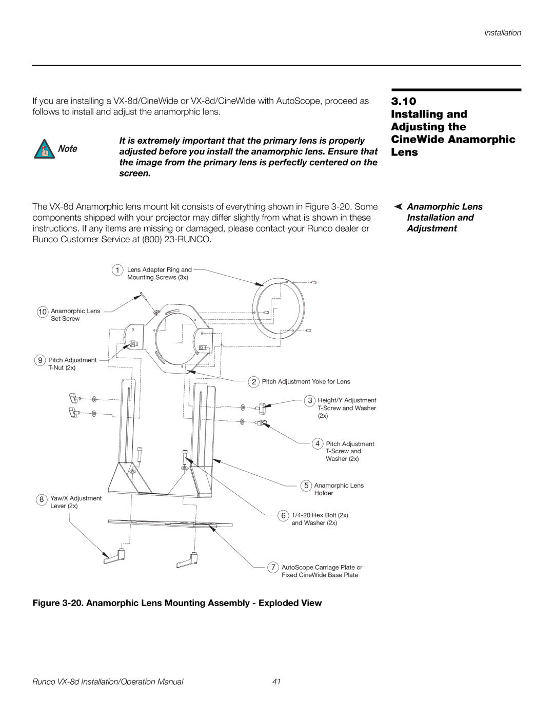 Runco VX-8D operation manual Installing and Adjusting the CineWide Anamorphic Lens, Anamorphic Lens Installation Adjustment 