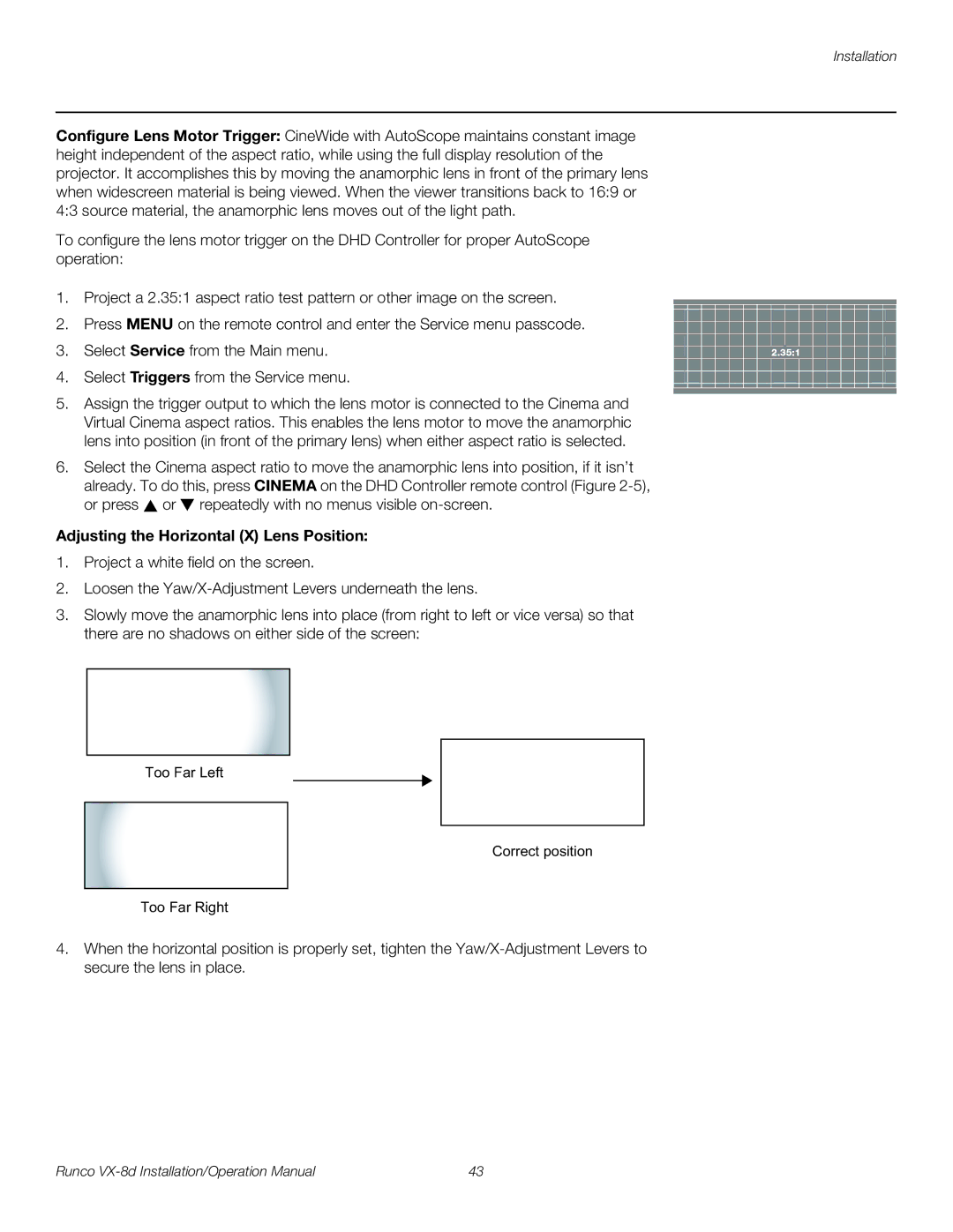 Runco VX-8D operation manual Adjusting the Horizontal X Lens Position 