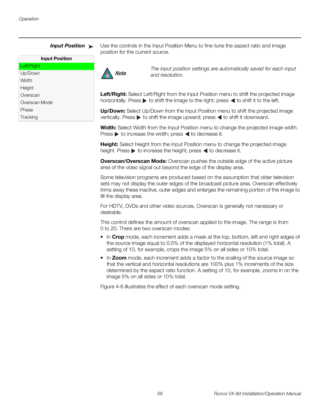 Runco VX-8D operation manual Input Position 