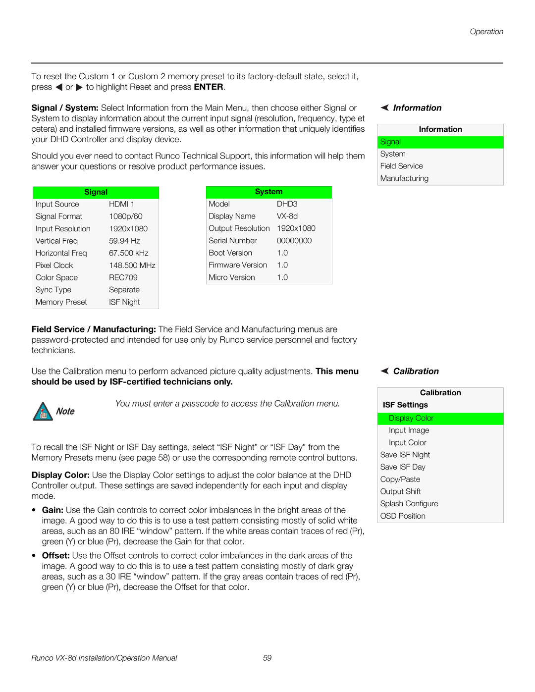 Runco VX-8D operation manual Information, Calibration 