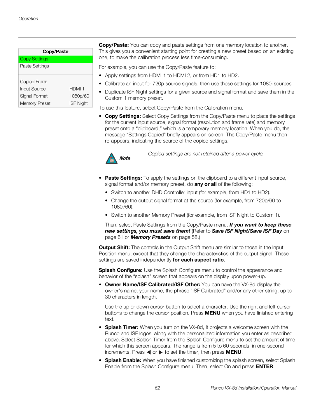 Runco VX-8D operation manual Copied settings are not retained after a power cycle, Copy/Paste 