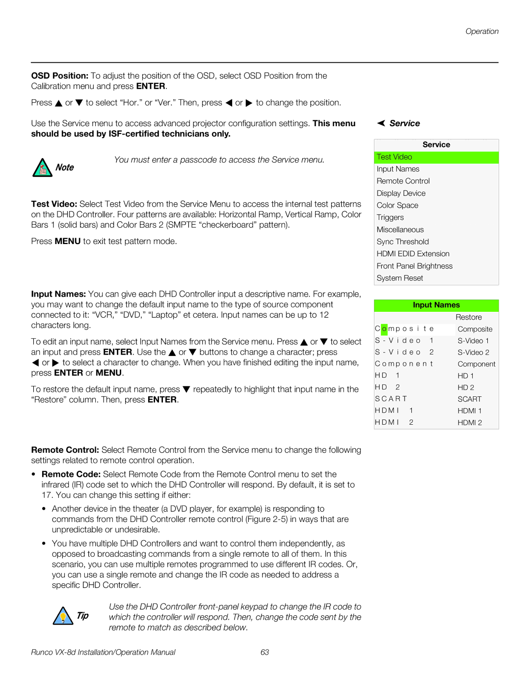 Runco VX-8D operation manual Service, Input Names 