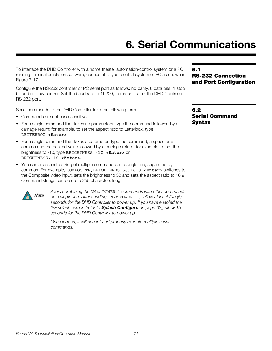 Runco VX-8D operation manual Serial Communications, RS-232 Connection and Port Configuration, Serial Command Syntax 