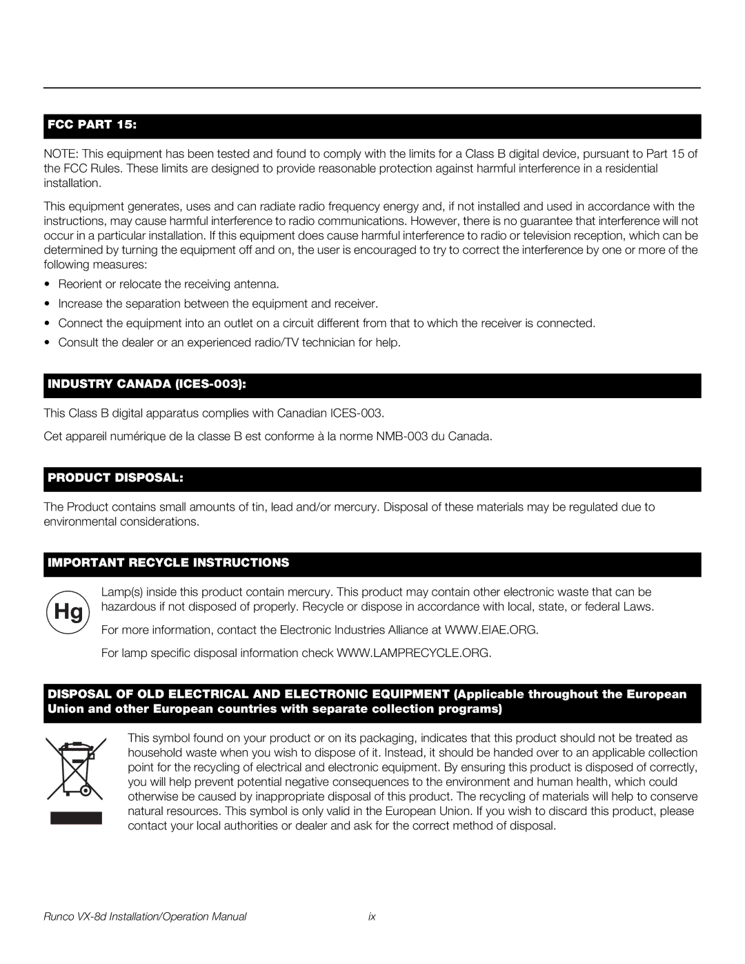 Runco VX-8D operation manual FCC Part 