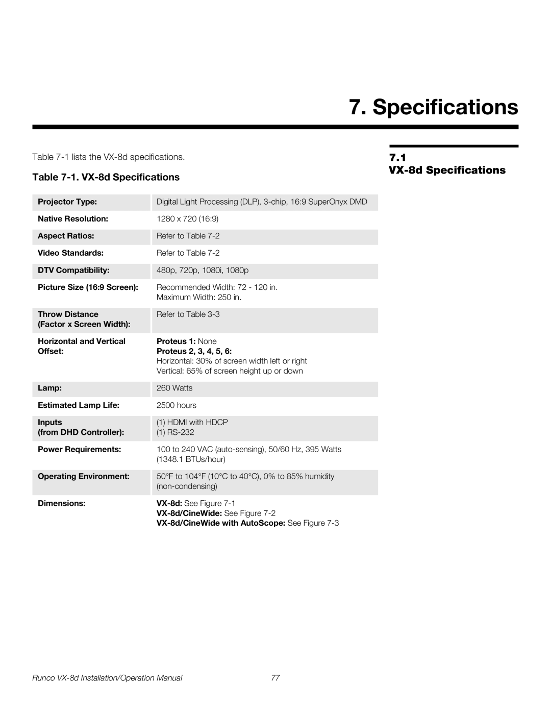 Runco VX-8D operation manual VX-8d Specifications 