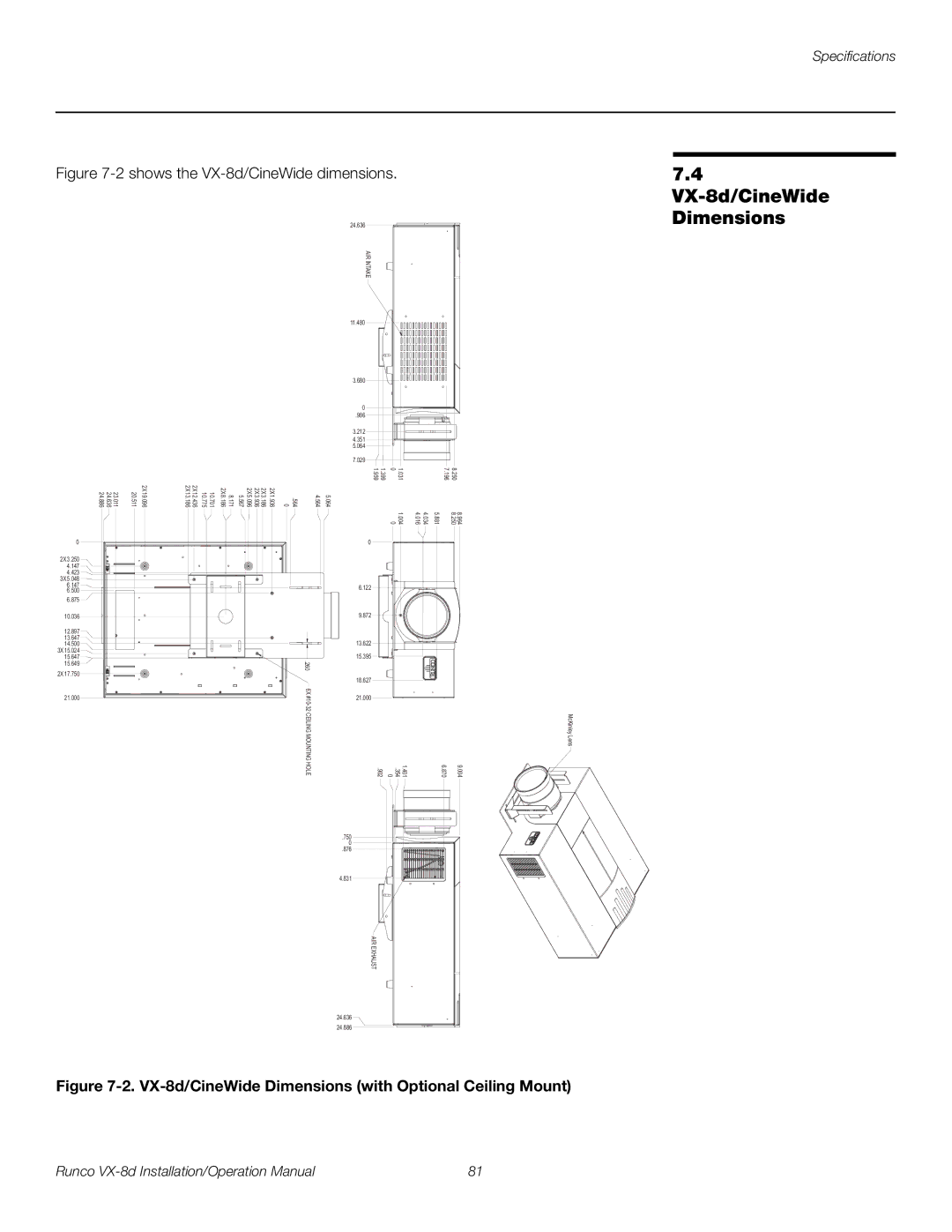 Runco VX-8D operation manual VX-8d/CineWide Dimensions with Optional Ceiling Mount 