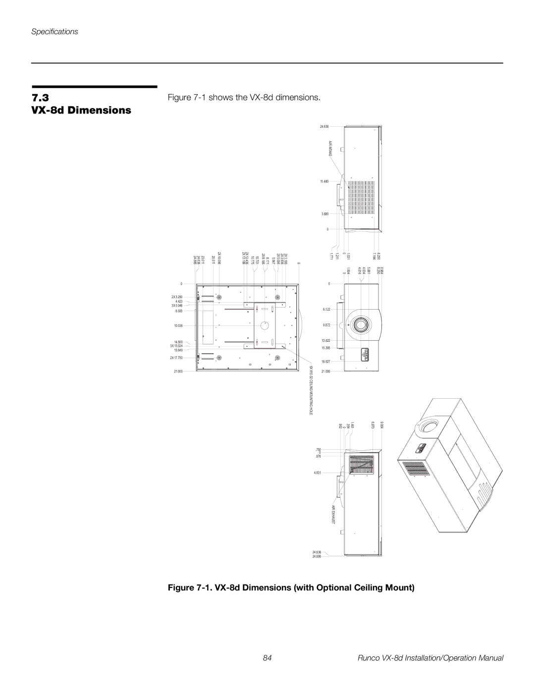 Runco VX-8D operation manual VX-8d Dimensions with Optional Ceiling Mount 