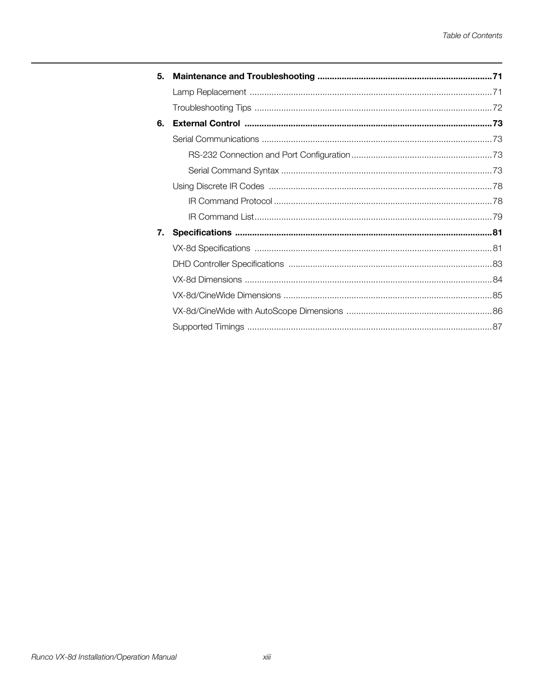 Runco VX-8D operation manual Maintenance and Troubleshooting, External Control, Specifications 