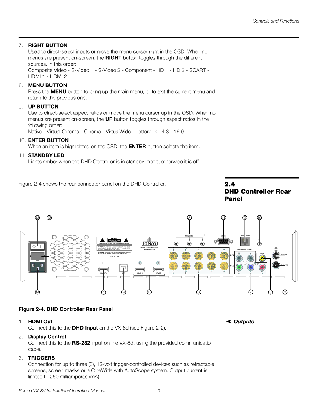 Runco VX-8D operation manual DHD Controller Rear, Panel, Display Control 