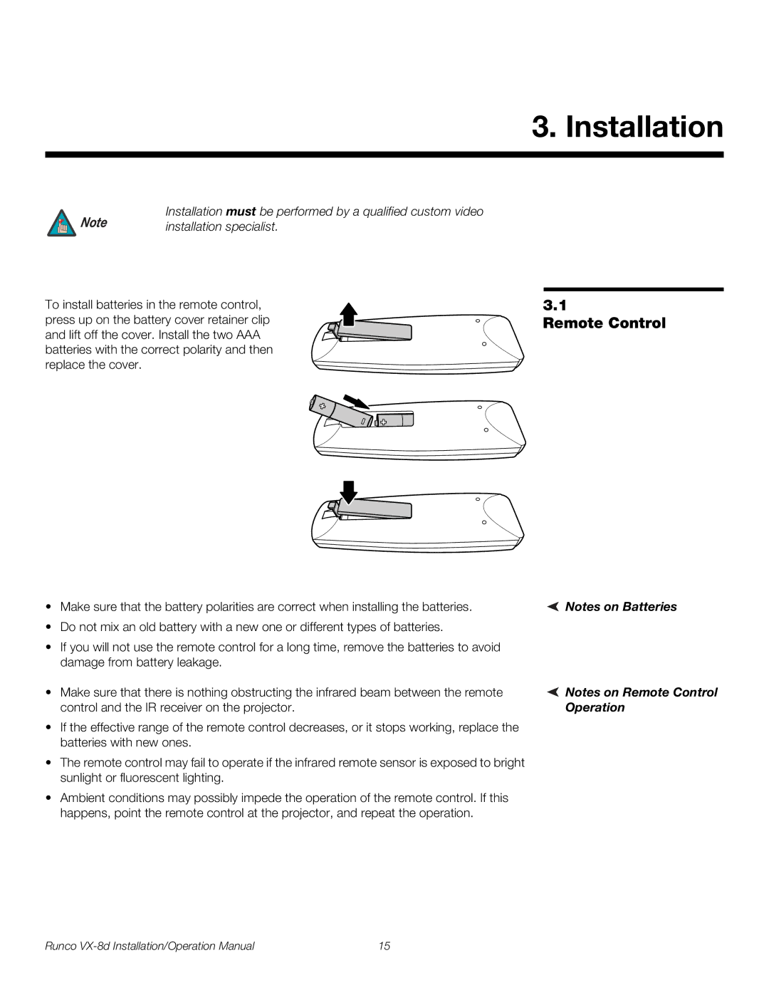 Runco VX-8D operation manual Remote Control, Installation specialist 