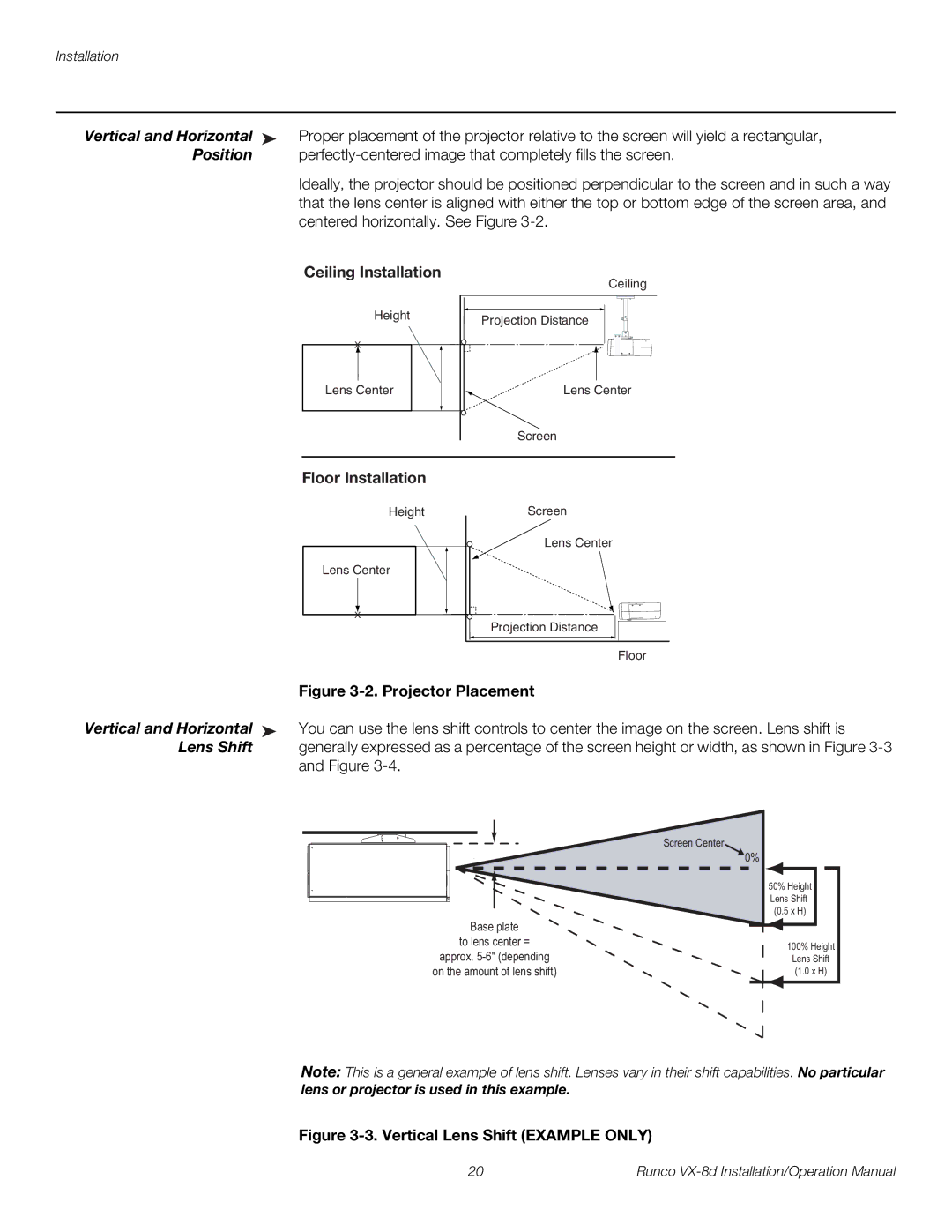 Runco VX-8D operation manual Vertical and Horizontal, Position, Ceiling Installation, Floor Installation, Lens Shift 