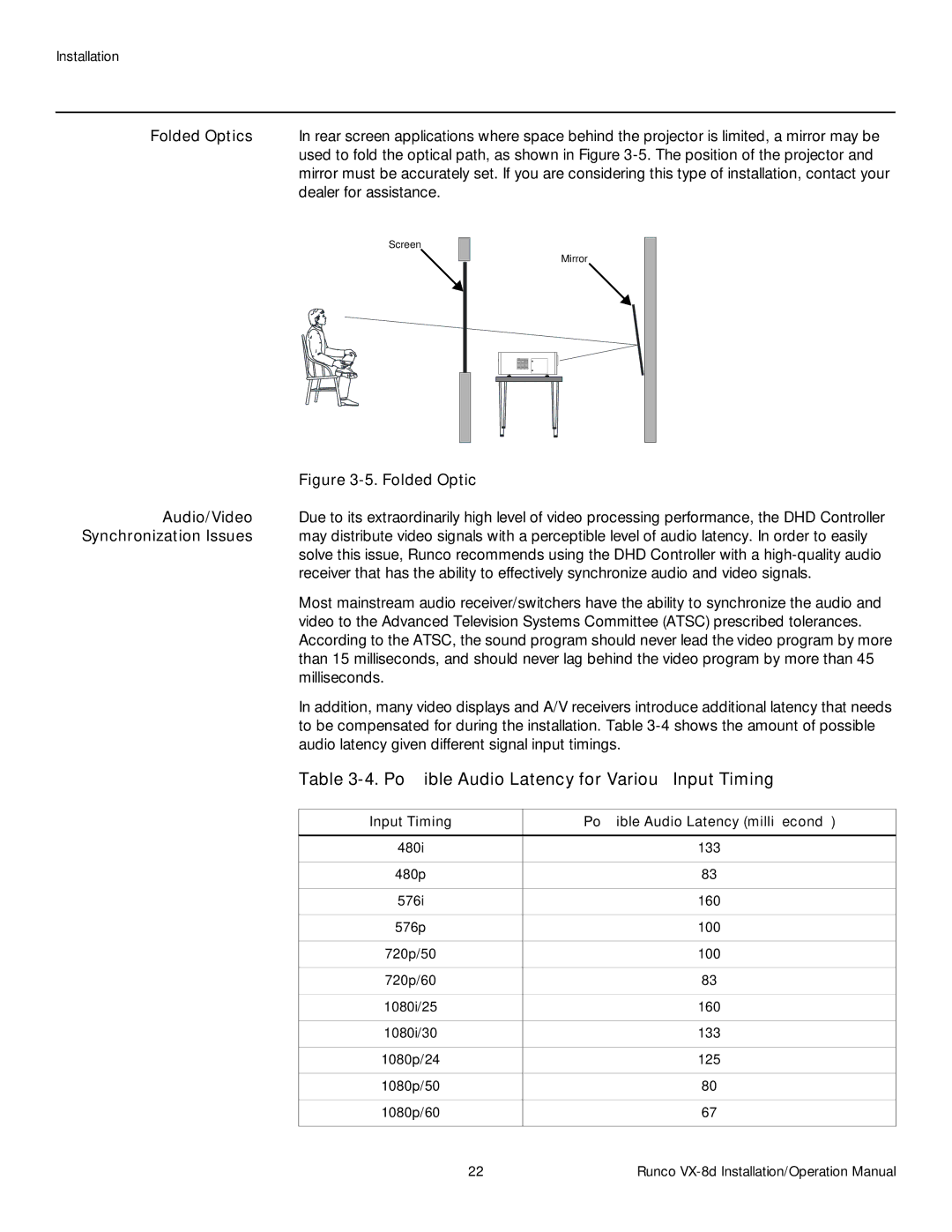 Runco VX-8D operation manual Possible Audio Latency for Various Input Timings, Audio/Video, Synchronization Issues 