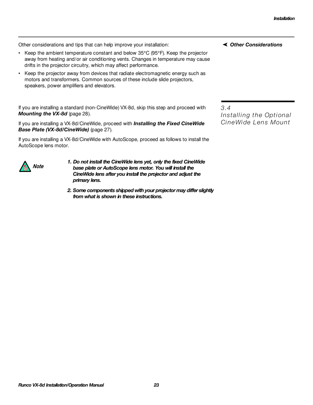 Runco VX-8D operation manual Installing the Optional CineWide Lens Mount, Other Considerations 