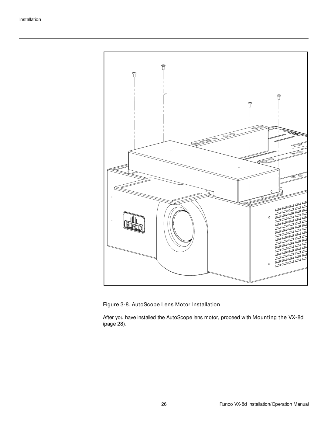 Runco VX-8D operation manual AutoScope Lens Motor Installation 