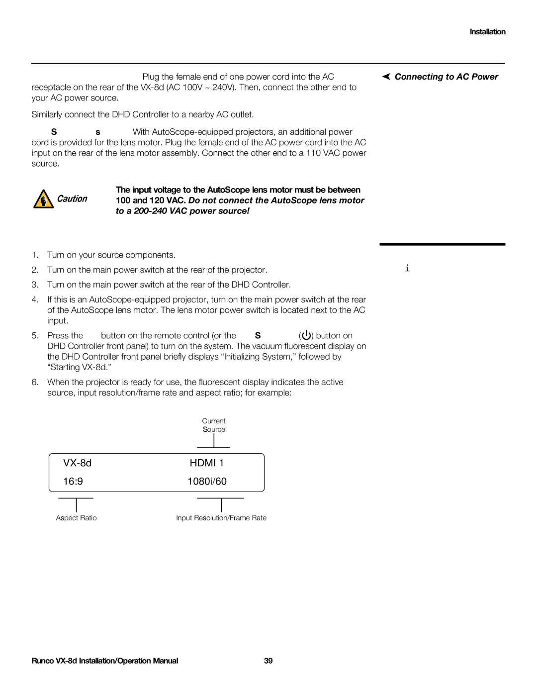 Runco VX-8D Turning on the Power, Connecting to AC Power, Input voltage to the AutoScope lens motor must be between 