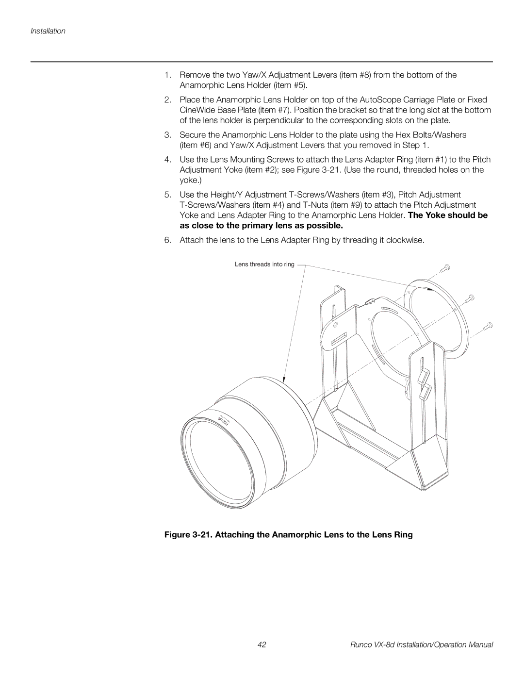 Runco VX-8D operation manual Attaching the Anamorphic Lens to the Lens Ring 